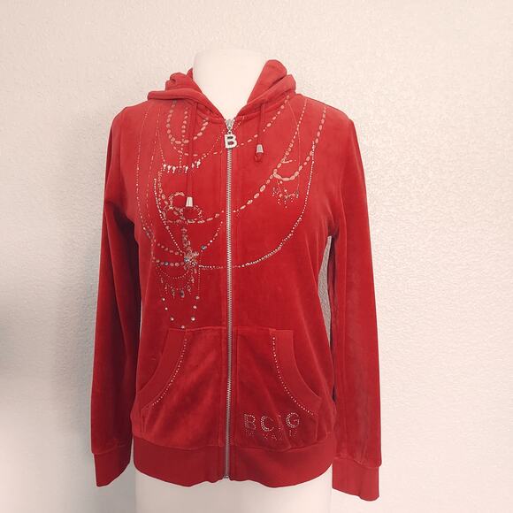 Y2K BCBG Maxazria Red Velour Zip Hoodie w/Rhinestones Size L - Picture 1 of 13